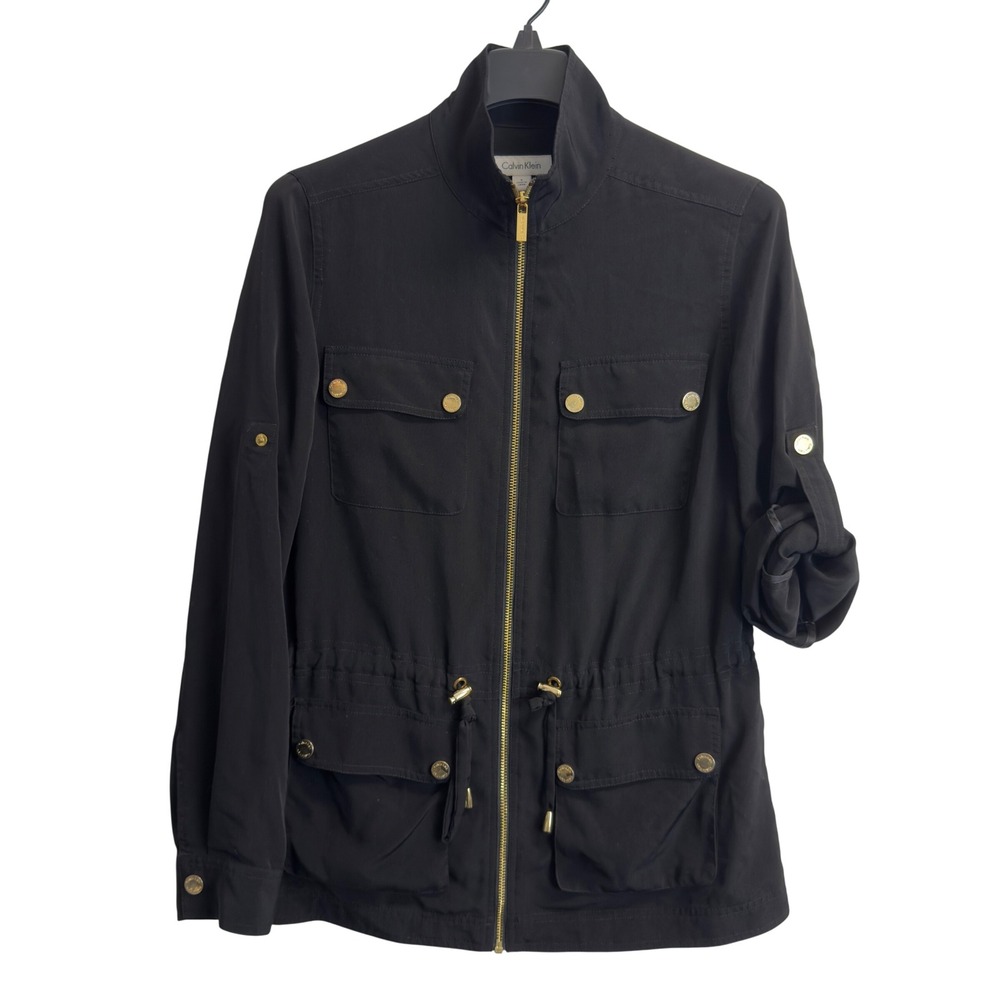 Calvin Klein Womens Black Utility Field Jacket Gold Hardware Roll Tab Sleeve S